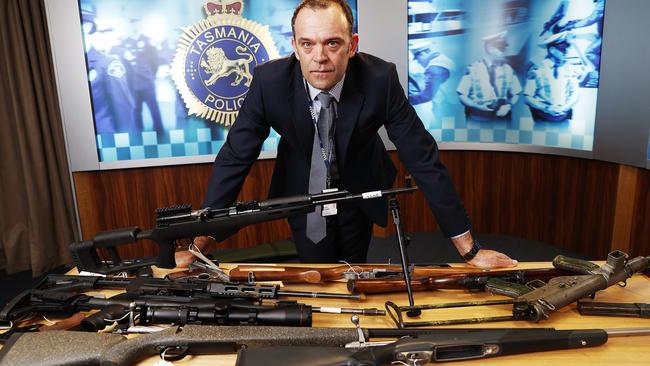 Detective Inspector Damien George in September said Tasmanian police had seized over 40 illegal weapons since May. Picture: Zak Simmonds