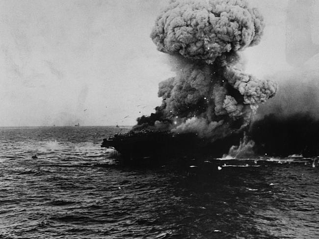 USS Lexington detonates under a fuel explosion following the Battle of the Coral Sea, May 8, 1942. Picture: Getty