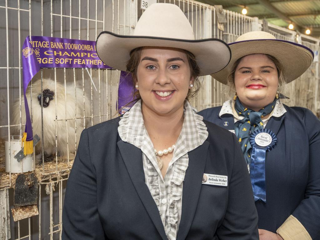 (from left) Belinda Weber, Pittsworth rural ambassador and Denise Ryan, Warwick rural ambassador at the Toowoomba Royal Show. Saturday, March 26, 2022. Picture: Nev Madsen.