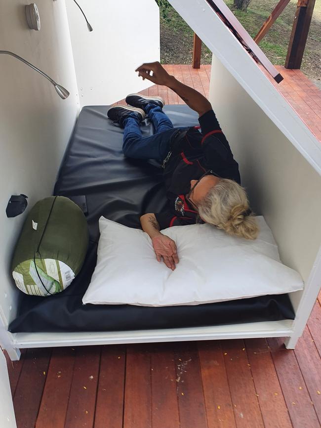 Every pod is furnished with a mattress, bedding, USB charger and lights and is powered by solar panels. Picture: Facebook