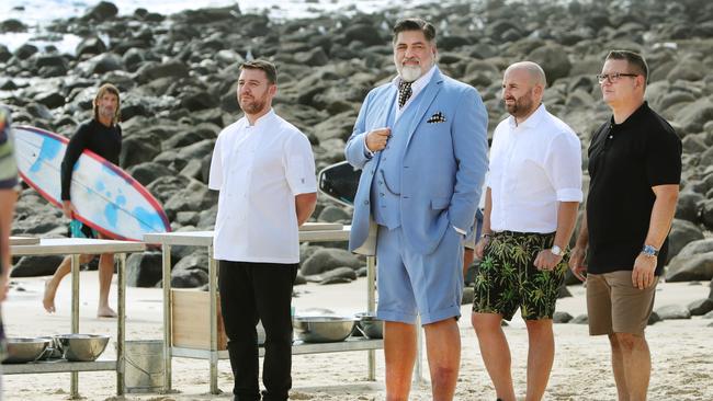 The cast of MasterChef filming at Burleigh Heads beach. Picture: Glenn Hampson