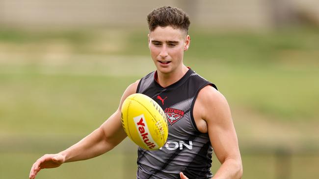 MELBOURNE, AUSTRALIA - JANUARY 16: Elijah Tsatas of the Bombers in action during the Essendon Bombers AFL training session at The Hangar on January 16, 2025 in Melbourne, Australia. (Photo by Michael Willson/AFL Photos via Getty Images)