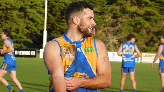 Hatherleigh's Sam Telfer was all smiles after kicking 21 goals against Robe, one of the biggest totals in Mid South Eastern FL history. Picture: SE Voice, via Hatherleigh FC