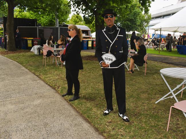 Guests in striking racewear at Penfolds Derby Day at the Flemington Racecourse on Saturday, November 02, 2024: