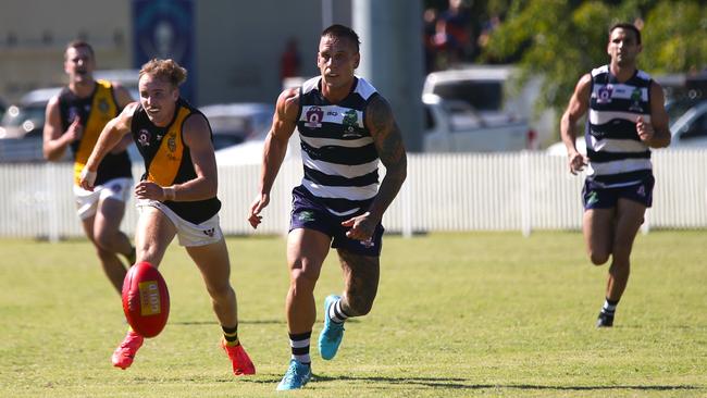 Pictured (l-r): Tigers James Neale and Crocs Liam Brandt. Port Douglas Crocs v North Cairns Tigers. AFL Cairns 2024. Photo: Gyan-Reece Rocha