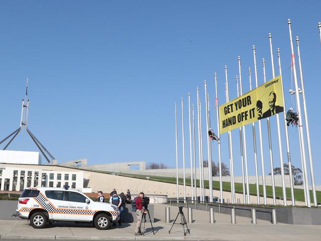 Federal police at the scene of the protest. Picture Kym Smith