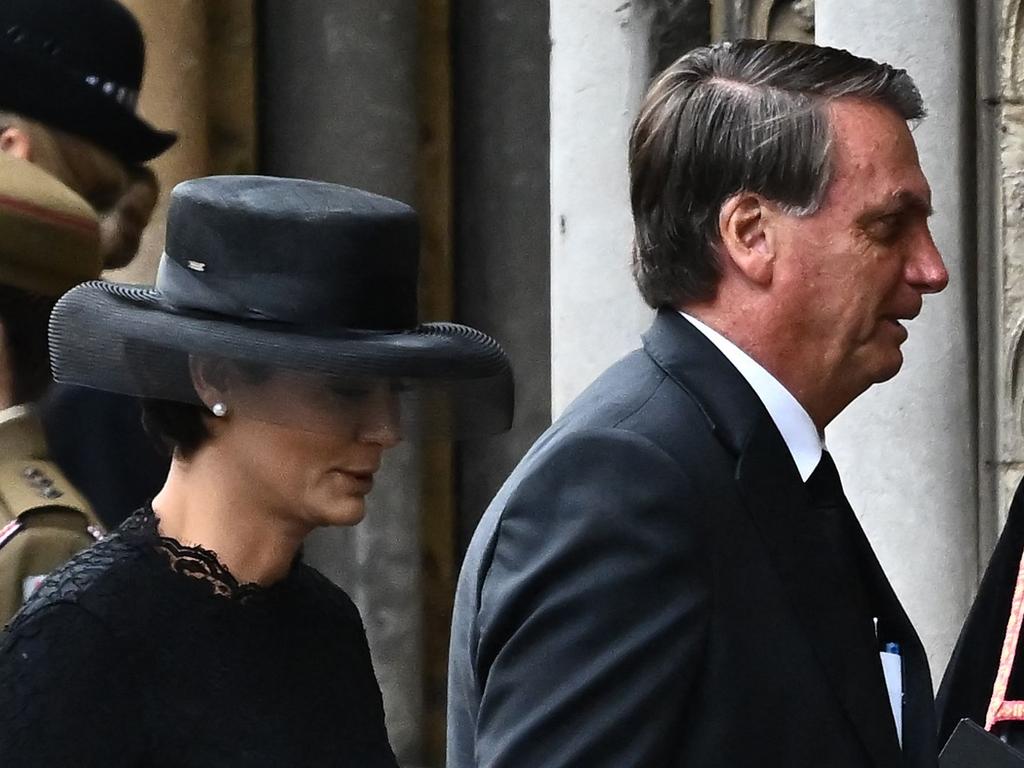 Brazil's President Jair Bolsonaro and his wife Michelle Bolsonaro arrive at Westminster Abbey. Picture: AFP