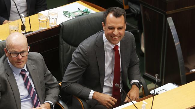 Labor member for Braddon Shane Broad with Labor member Clark Josh Willie. First sitting day for the house of assembly in the Tasmanian parliament for 2025. Picture: Nikki Davis-Jones