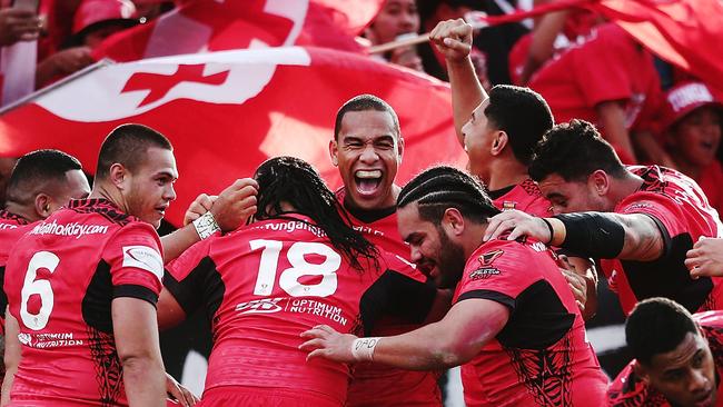 Tonga celebrate a try to Will Hopoate.