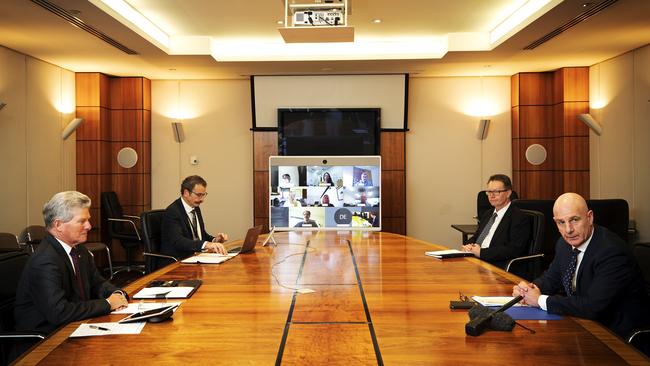 First meeting of economic recovery council, Chair Don Challen, Director Office of the Superannuation Commission Adrian Christian, Secretary of the Department of Treasury and Finance Tony Ferrall and Premier Peter Gutwein at Hobart. Picture Chris Kidd