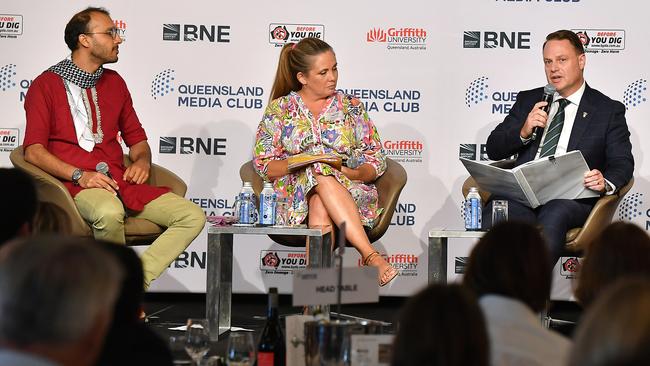 Brisbane lord mayoral candidates Jonathan Sriranganathan (Greens), Tracey Price (Labor) and incumbent Adrian Schrinner (LNP). Picture: John Gass