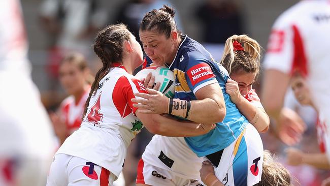 Stephanie Hancock of the Titans is tackled during the NRLW Semi Final match between the St George Illawarra Dragons and the Gold Coast Titans at Leichhardt Oval, on April 03, 2022, in Sydney, Australia. (Photo by Cameron Spencer/Getty Images)