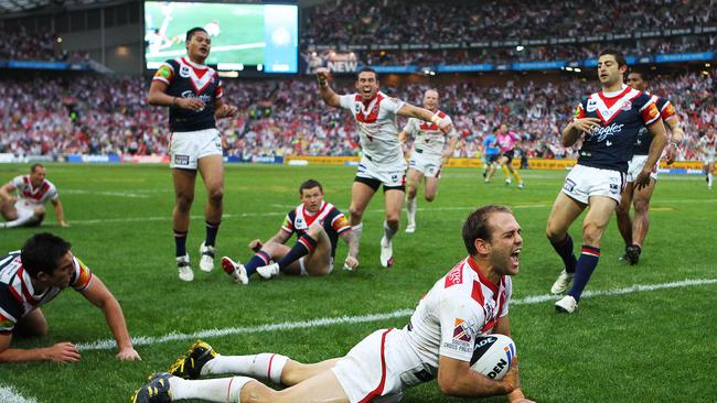 Jason Nightingale celebrates a try in this iconic picture from the 2010 grand final against the Roosters. Picture: Gregg Porteous