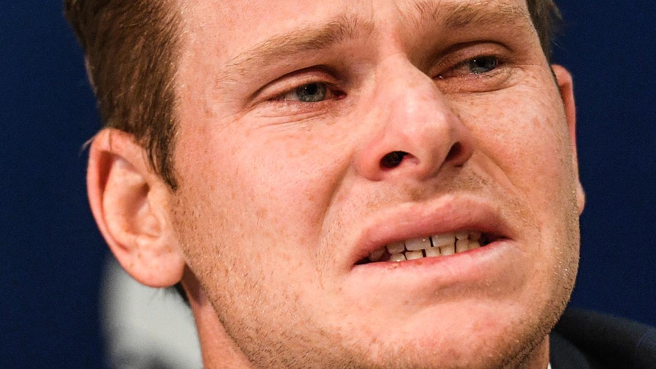 Steve Smith during his traumatic press conference after arriving back in Sydney following the ball-tampering scandal.