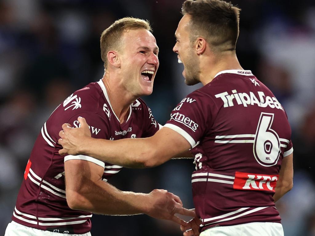 Daly Cherry-Evans and Brooks combined for a try to get Manly back in the game. Picture: Cameron Spencer/Getty Images