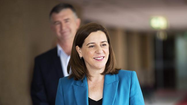 LNP Leader Deb Frecklington talking to the media on Sunday with her deputy Tim Mander. Picture: Attila Csaszar/AAP