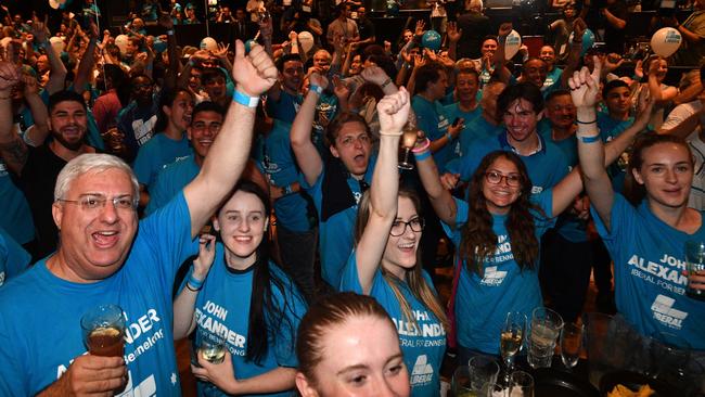 Liberal Party faithful cheer the early results at the West Ryde Leagues Club on Saturday night.