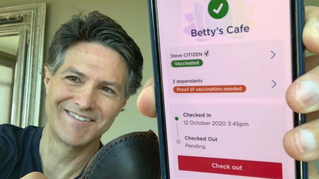Customer Services Minister Victor Dominello shared a sneak peak of what a resident’s “vaccination status” could look like through the QR check-in on the ServiceNSW app. Picture: Facebook