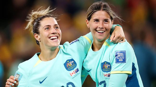 MELBOURNE, JULY 31, 2023: 2023 Fifa Womens World Cup - Australia V Canada. Katrina Gorry of the Matildas and Kyra Cooney-Cross of the Matildas celebrate after the match at Melbourne Rectangular Stadium. Picture: Mark Stewart