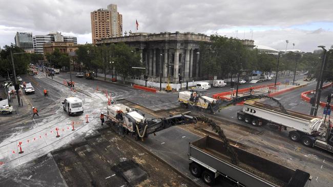 Crews working on the King William Street and North Terrace tram lines. Picture: DPTI