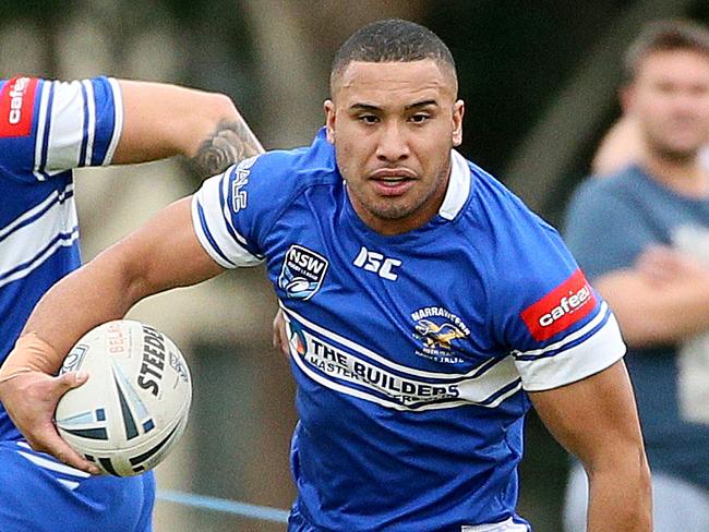 Jamil Hopoate in action for Narraweena during the A Grade Rugby League match - Belrose (yellow and red) v Narraweena (blue), at Lionel Watts Oval, Frenchs Forest, on Sunday. Picture: Troy Snook