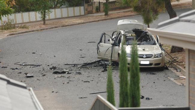 The Commodore sedan that exploded at Truscott Road at Enfield, killing two people. Picture: Michael Milnes