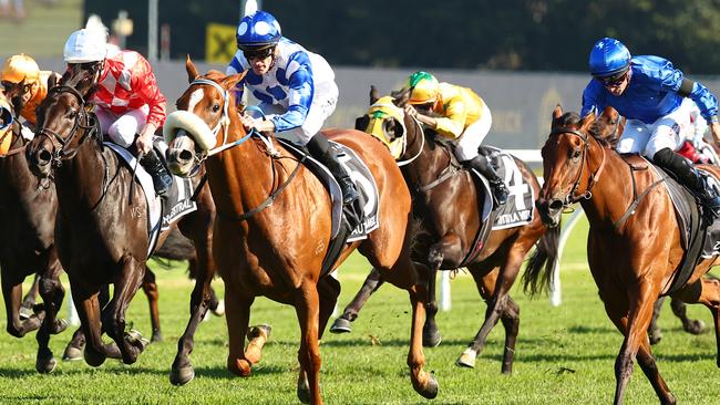 Autumn Angel beats Zardozi (right) and Orchestral (left) in the Australian Oaks. She will run in the Rough Habit Plate on Saturday.