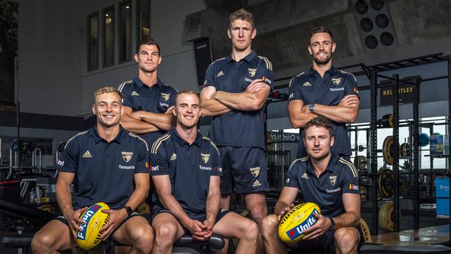 New Hawthorn captain Ben McEvoy with the leadership group: Jaeger O'Meara, Jack gunston, James Worpel, Tom Mitchell and Liam Shiels. Picture: Jake 'Nowakowski