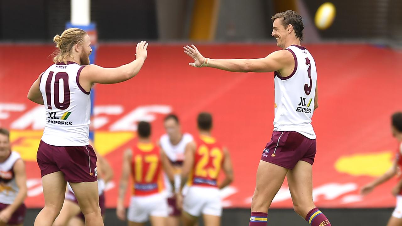Joe Daniher of the Lions celebrateshis early goal against the Gold Coast Suns at Metricon Stadium. Picture: Albert Perez