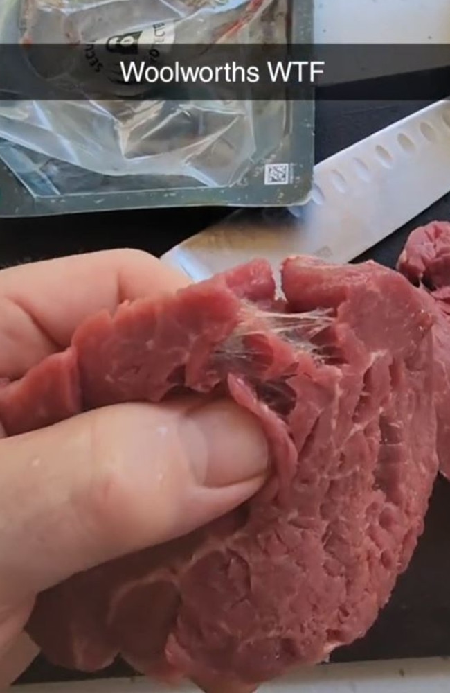 Woolworths has responded after millions watched a shopper claim the supermarket used ‘meat glue’ on its steaks. Picture: TikTok