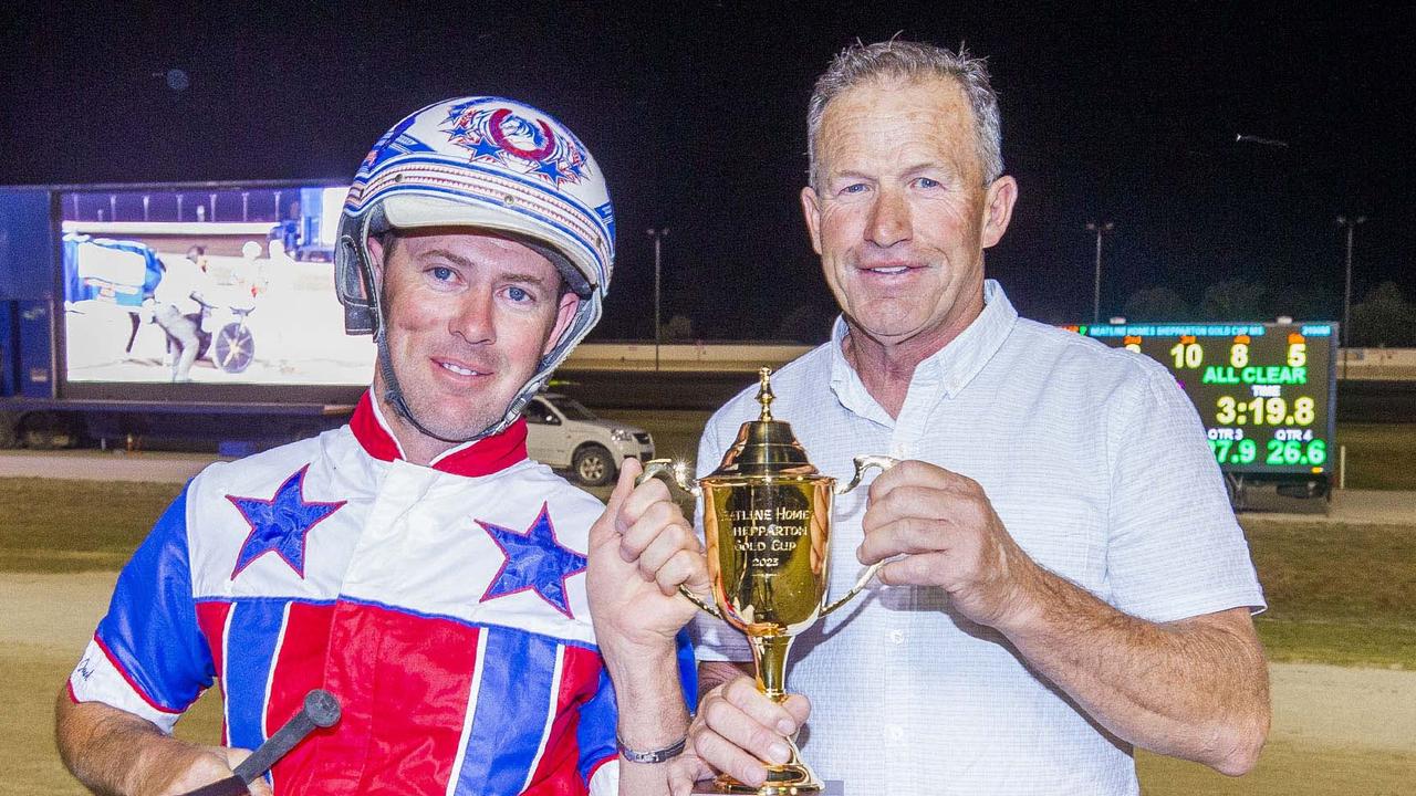 Trainer David Aiken (right) says his pacer Max Delight has helped him through some difficult times. Picture: Stuart McCormick