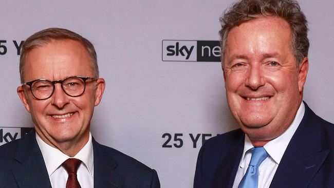 Daily Telegraph. 23, February, 2022.Anthony Albanese and Piers Morgan at the Sky News 25th Anniversary celebration, at Bennelong Restaurant, Sydney, today.Picture: Justin Lloyd.