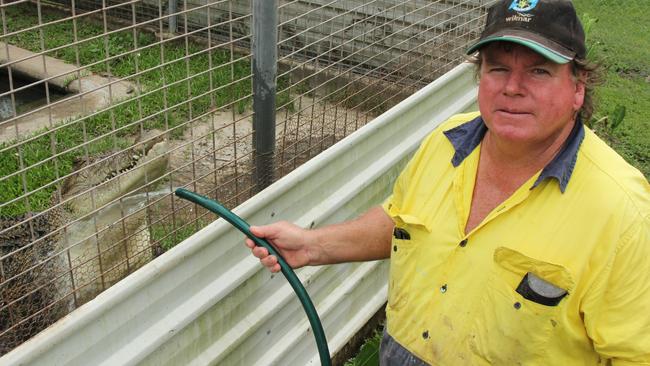 John Casey helps his pet croc, Charlene, cool off at his Lethebrook property. Picture: Peter Carruthers