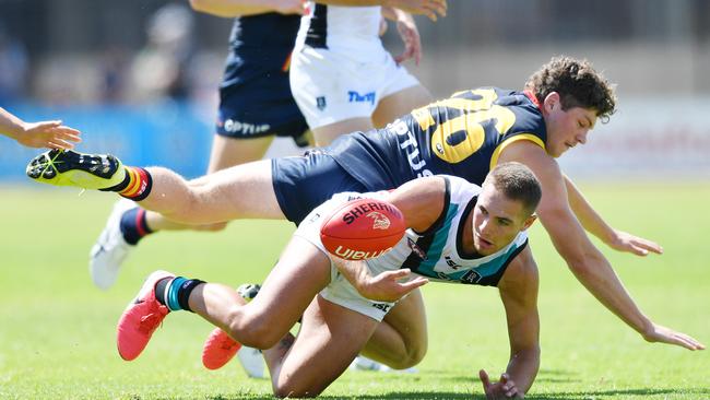 Boyd Woodcock and Harry Schoenberg fall to the ground on Saturday. Picture: AAP/David Mariuz