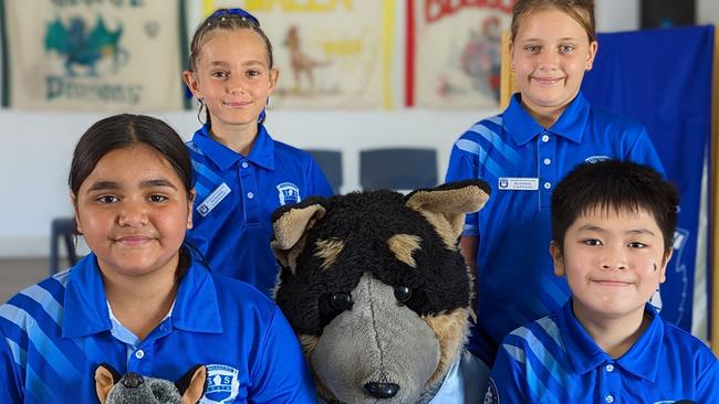 Bundaberg South State School 2023 school captains pictured with their school Mascots: Bluey, Buddy and Blossom. (Front left: Jasmine Hearn, back left: Ebony Bayliss, back right: Maddison Prossliner and front right: Andy Tran)