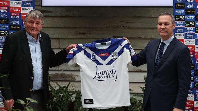 Canterbury Bulldogs sponsor launch with Kaundy Hotels owner Arthur Laundy and Bulldogs CEO Andrew Hill. Picture: Brett Costello