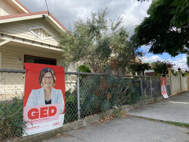 Signs showing support for Labor incumbent Ged Kearney on a Preston street. Picture: Kirra Grimes