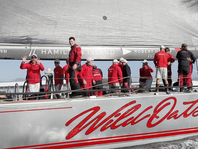 Wild Oats XI skippered by Mark Richards claims a 9th line honours victory in the 2018 Sydney to Hobart Yacht Race. The yacht crossed the line in 1d 19hrs 7mins 21secs . Picture: RICHARD JUPE