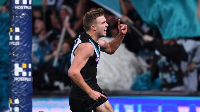 Dougal Howard of the Power reacts after scoring a goal for Port Adelaide. Picture: AAP Image/David Mariuz