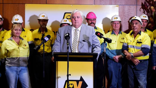 Clive Palmer was flanked by QN workers during the announcement. Picture: Alix Sweeney