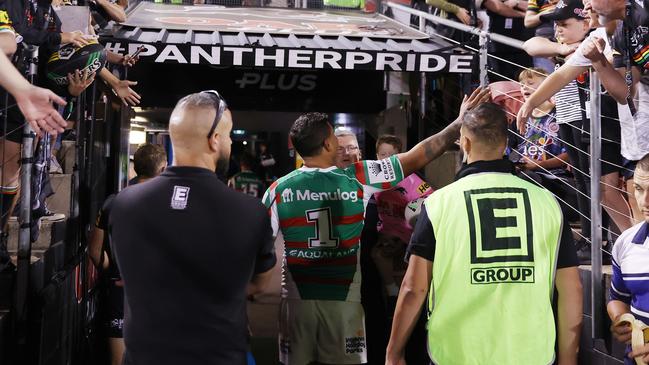 PENRITH, AUSTRALIA - MARCH 09: Latrell Mitchell of the Rabbitohs interacts with fans as he walks down the tunnel at the end of the round two NRL match between the Penrith Panthers and the South Sydney Rabbitohs at BlueBet Stadium on March 09, 2023 in Penrith, Australia. (Photo by Cameron Spencer/Getty Images)