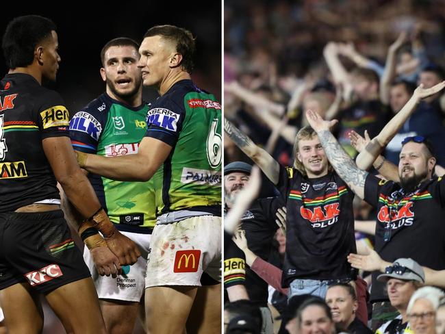 Jack Wighton confronts Stephen Crichton and (right) Panthers fans do their own Viking Clap.