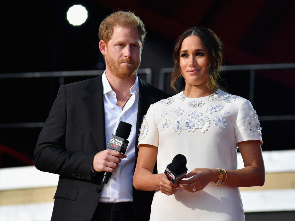 Prince Harry and Meghan Markle speak during the 2021 Global Citizen Live festival in New York’s Central Park. Picture: Angela Weiss/AFP