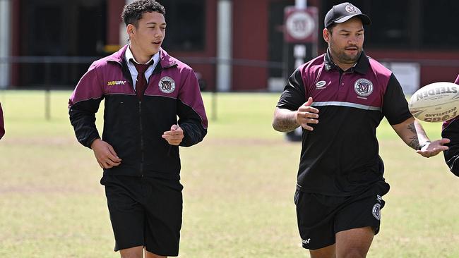 Former NRL champion Isaac Luke, right, with his son Adaquix Luke. Pic: Lyndon Mechielsen/Courier Mail