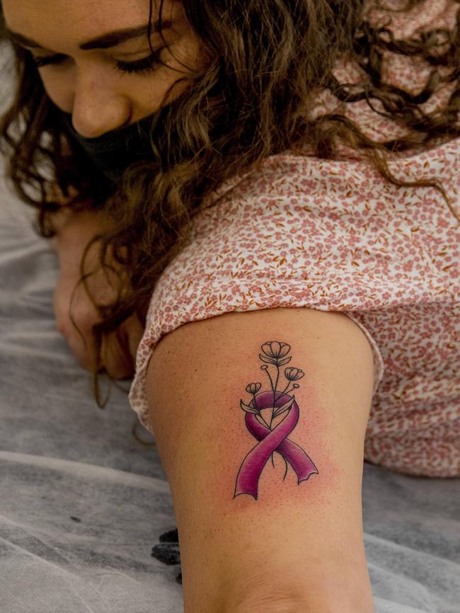 Simone VZ tattoo to remember her sister who passed away due to cancer.  Picture: Jerad Williams