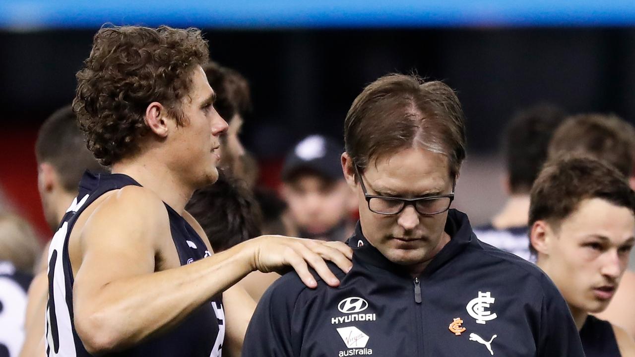 A dejected David Teague after coaching his final game for the Blues. Picture: Getty Images