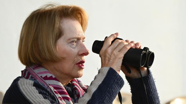 Trainer Gai Waterhouse watches Alligator Blood gallop at Flemington ahead of the Cox Plate. Picture: Vince Caligiuri / Getty Images