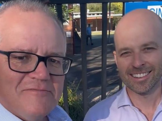 Former Prime Minister Scott Morrison with Liberal candidate for Morrisons seat of Cook, Simon Kennedy at Lilli Pilli school poling station this morning. Picture: X
