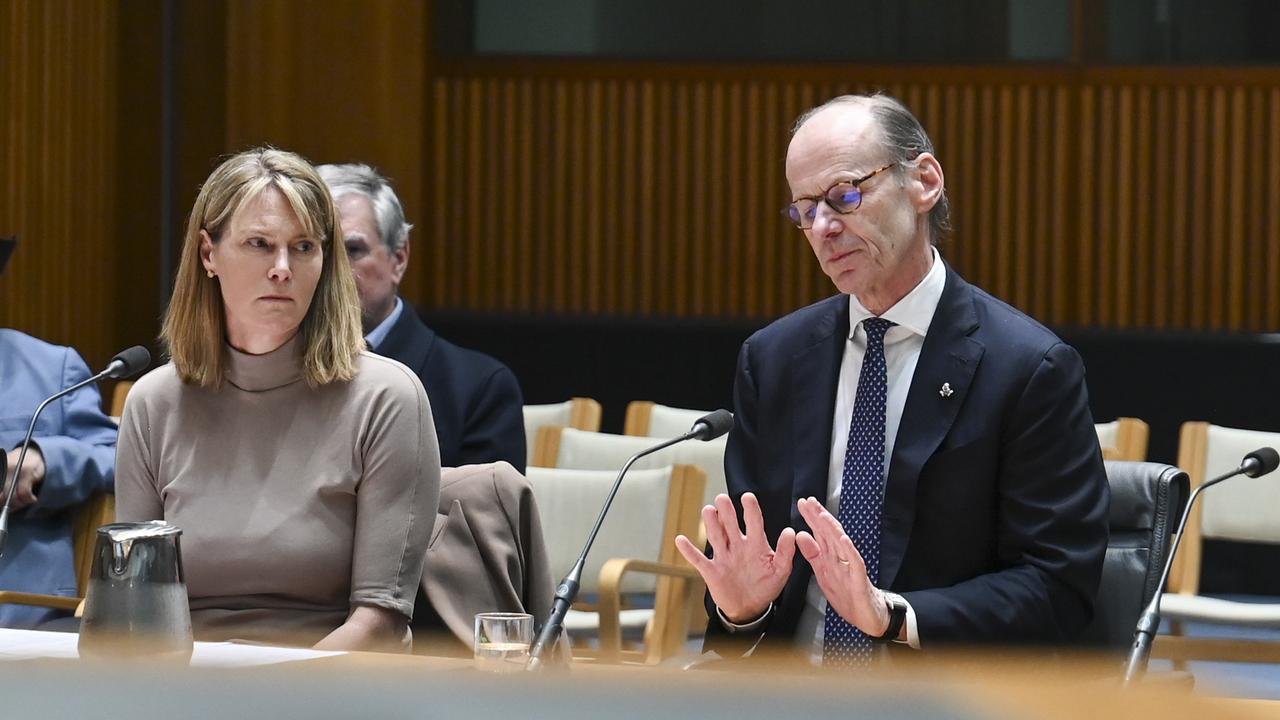 ANZ chief Shayne Elliott, and group executive Australia retail Maile Carnegie appear before a parliamentary committee. Picture: Martin Ollman