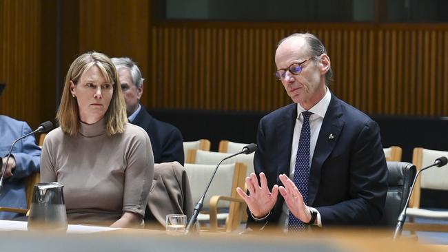 ANZ chief Shayne Elliott, and group executive Australia retail Maile Carnegie appear before a parliamentary committee. Picture: Martin Ollman